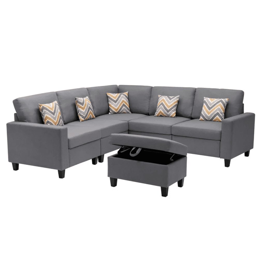 Nollon Linen Fabric Sectional Sofa with Pillows and Storage Ottoman - Luxe Maple