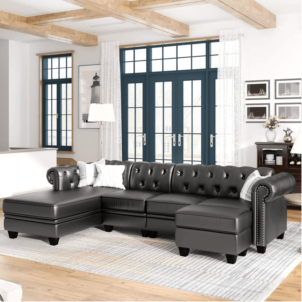Dolcy Sectional Sofa Set in PU Leather in Black Color with Ottoman - Luxe Maple