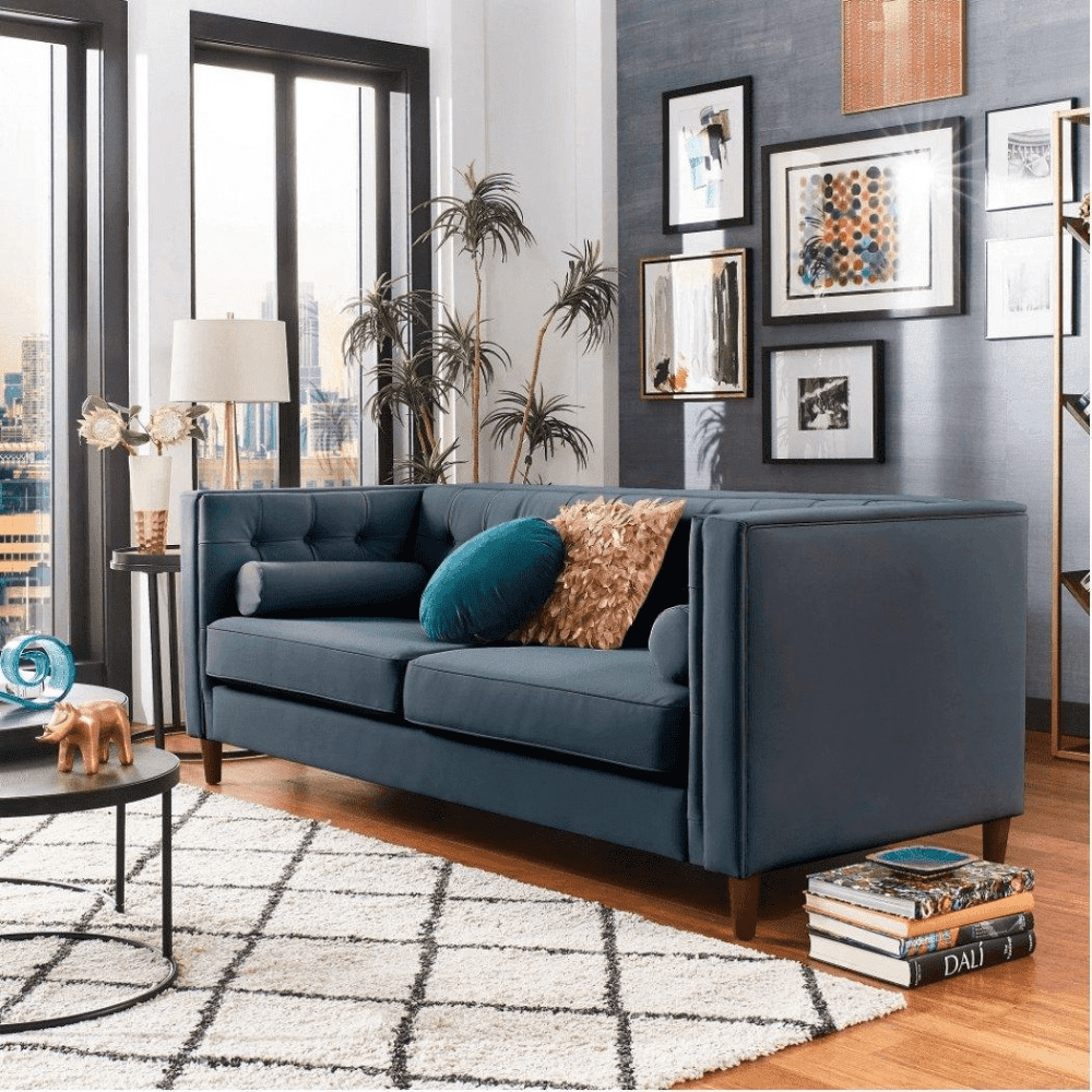 Brew Tuxedo Faux Leatherette Sofa with Accent Pillows - Luxe Maple