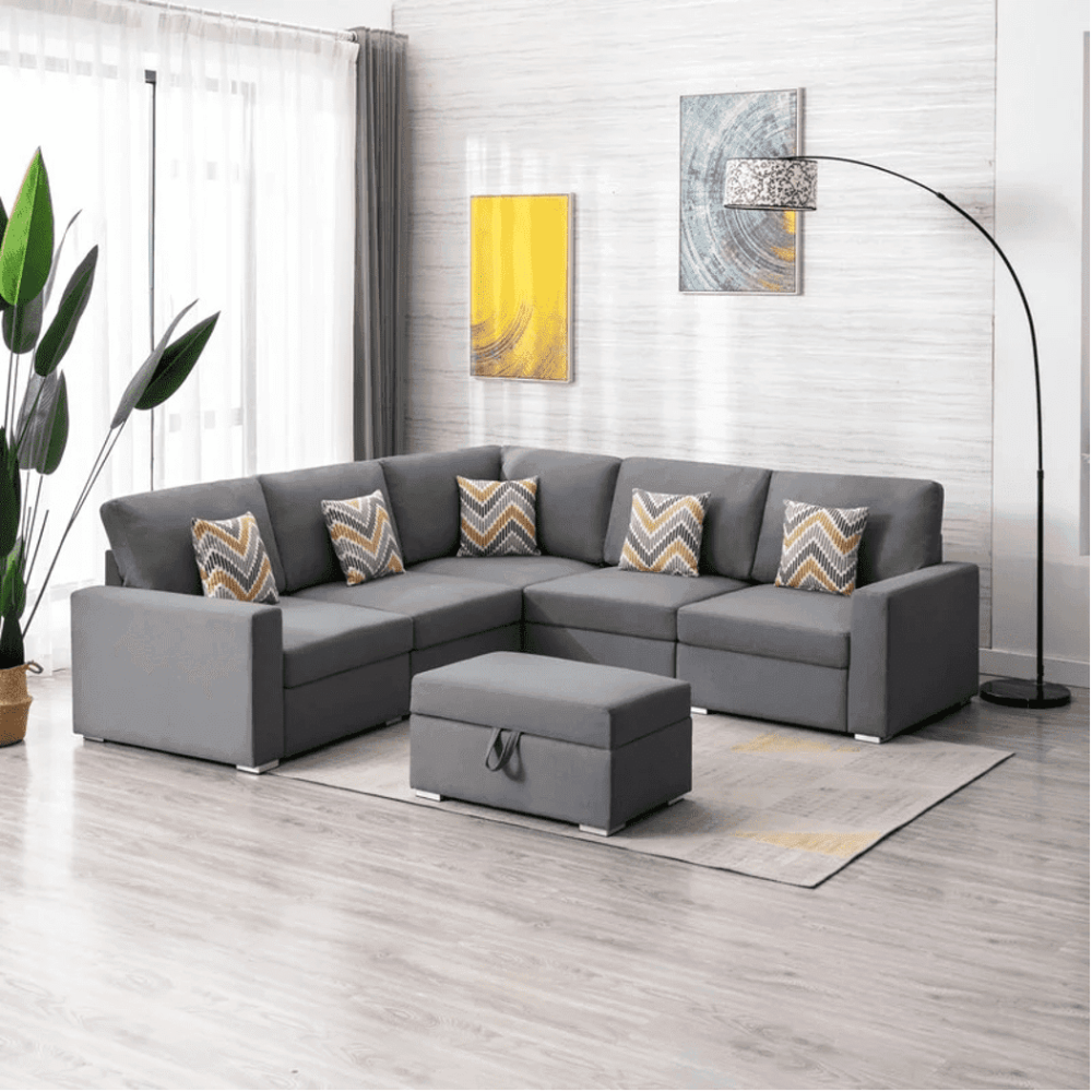 Nollon Linen Fabric Sectional Sofa with Pillows and Storage Ottoman - Luxe Maple
