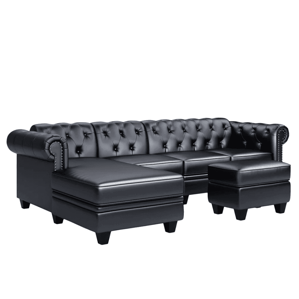Dolcy Sectional Sofa Set in PU Leather in Black Color with Ottoman - Luxe Maple