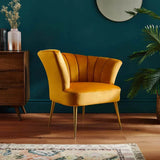 Opening Shell Designer Orange Velvet Lounge Chair - Luxe Maple