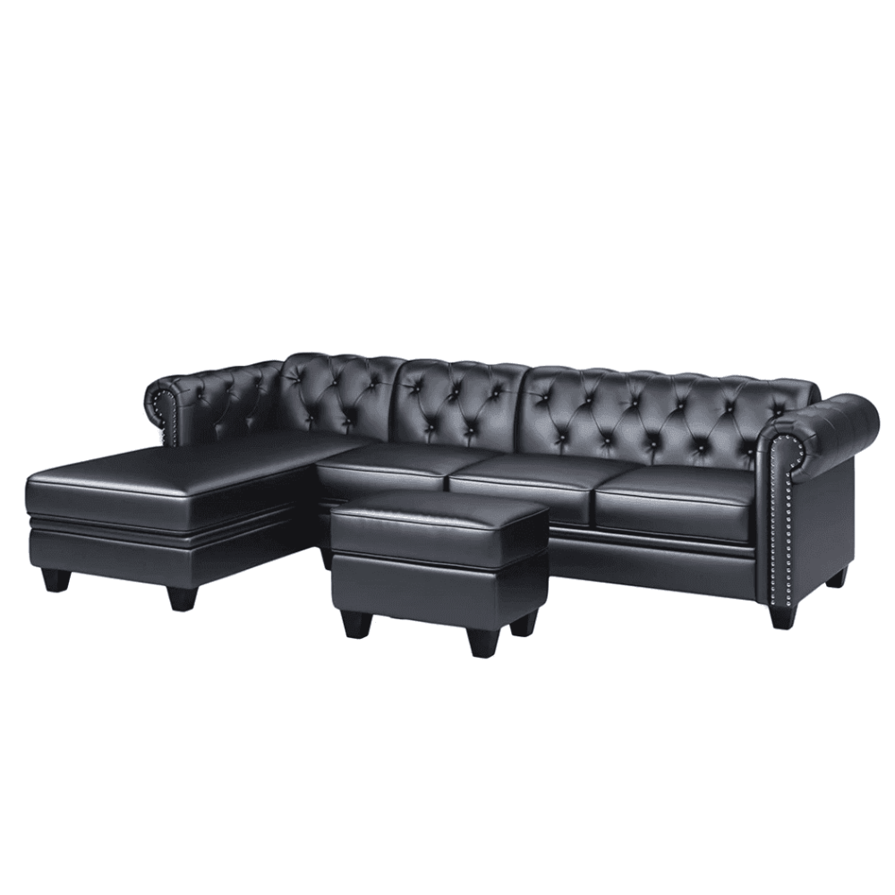 Dolcy Sectional Sofa Set in PU Leather in Black Color with Ottoman - Luxe Maple