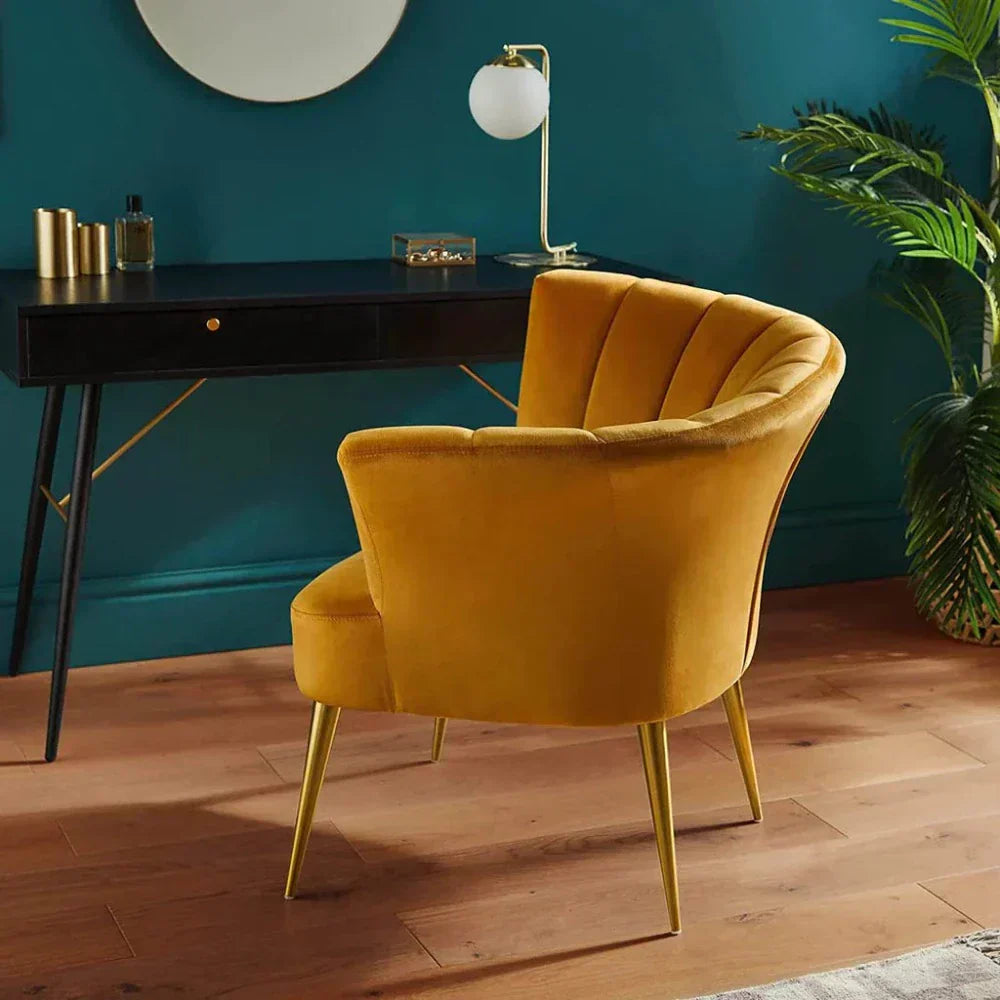 Opening Shell Designer Orange Velvet Lounge Chair - Luxe Maple