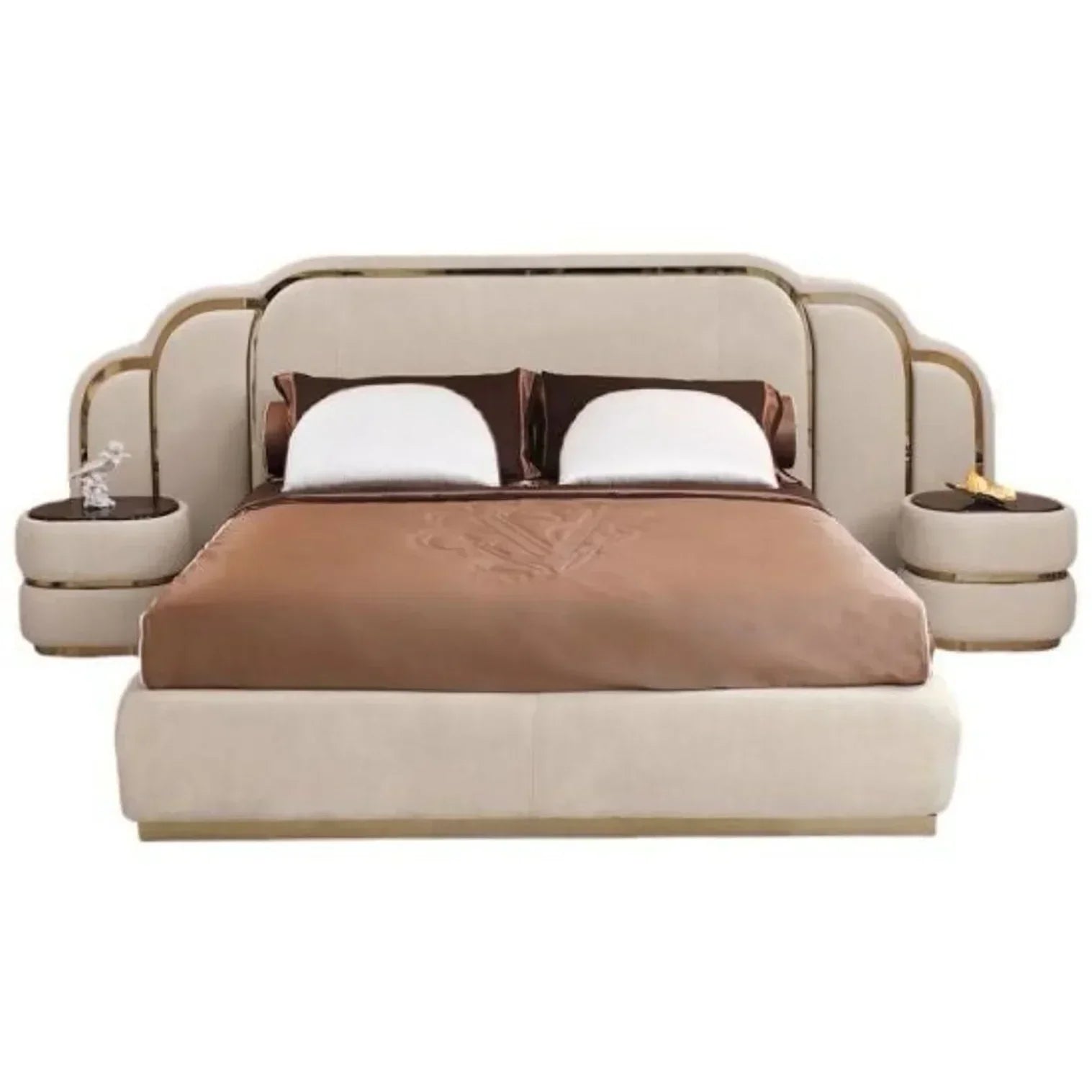 Vivo Premium Upholstered Bed With Side Tables in Suede - Luxe Maple