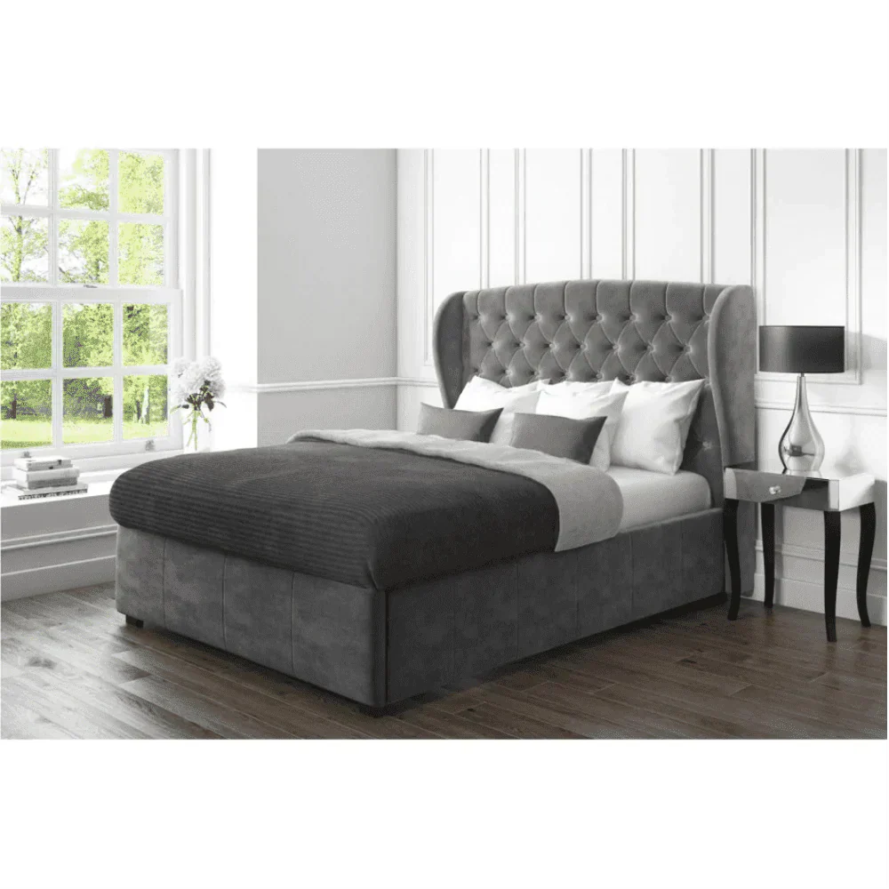 Boombox Luxury Upholstered Bed in Suede | Modern Luxury Bed - Luxe Maple