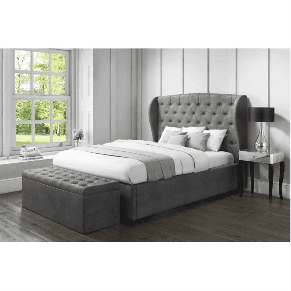 Boombox Luxury Upholstered Bed in Suede | Modern Luxury Bed - Luxe Maple