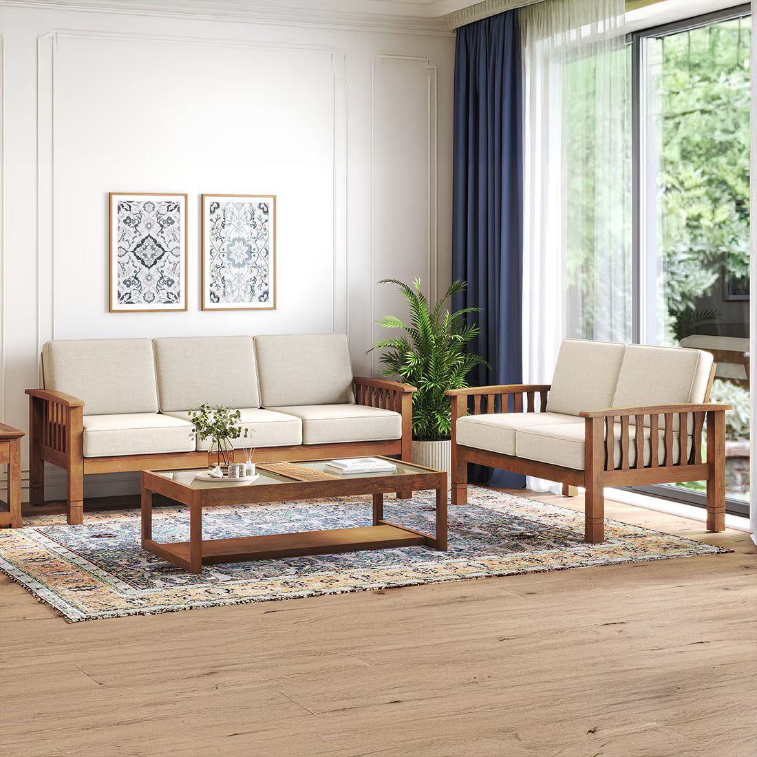 Jackson Wooden Sofa Set in Beige Suede - Luxe Maple - Luxe Maple