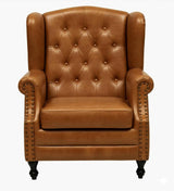 Lord Leather Chesterfield Wing Chair In Tan - Luxe Maple