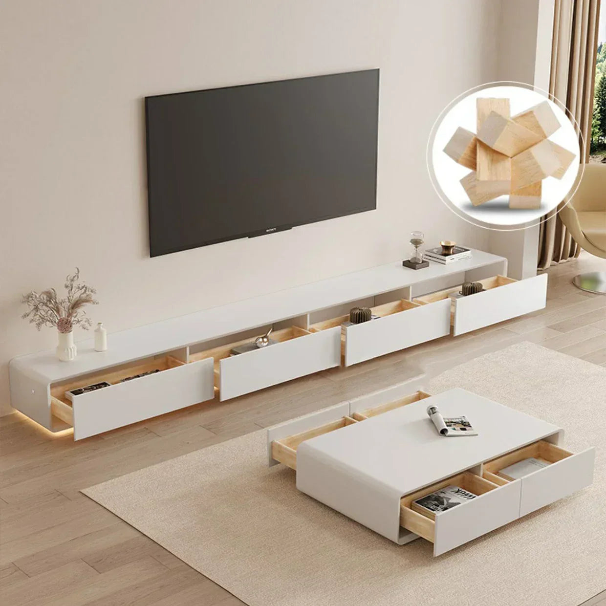 Kello Luxury TV Unit and Coffee Table in White - Luxe Maple
