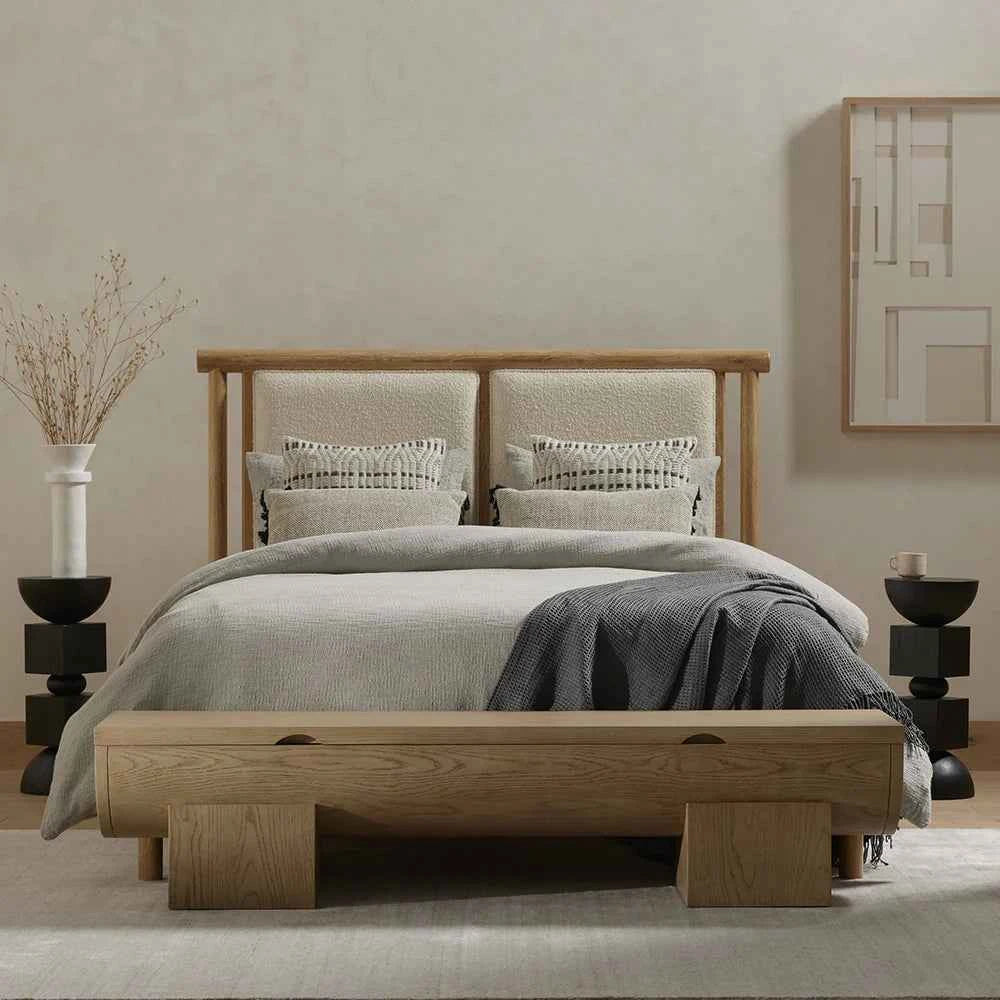 Maza Premium Solid Wood Upholstered Bed - Luxe Maple