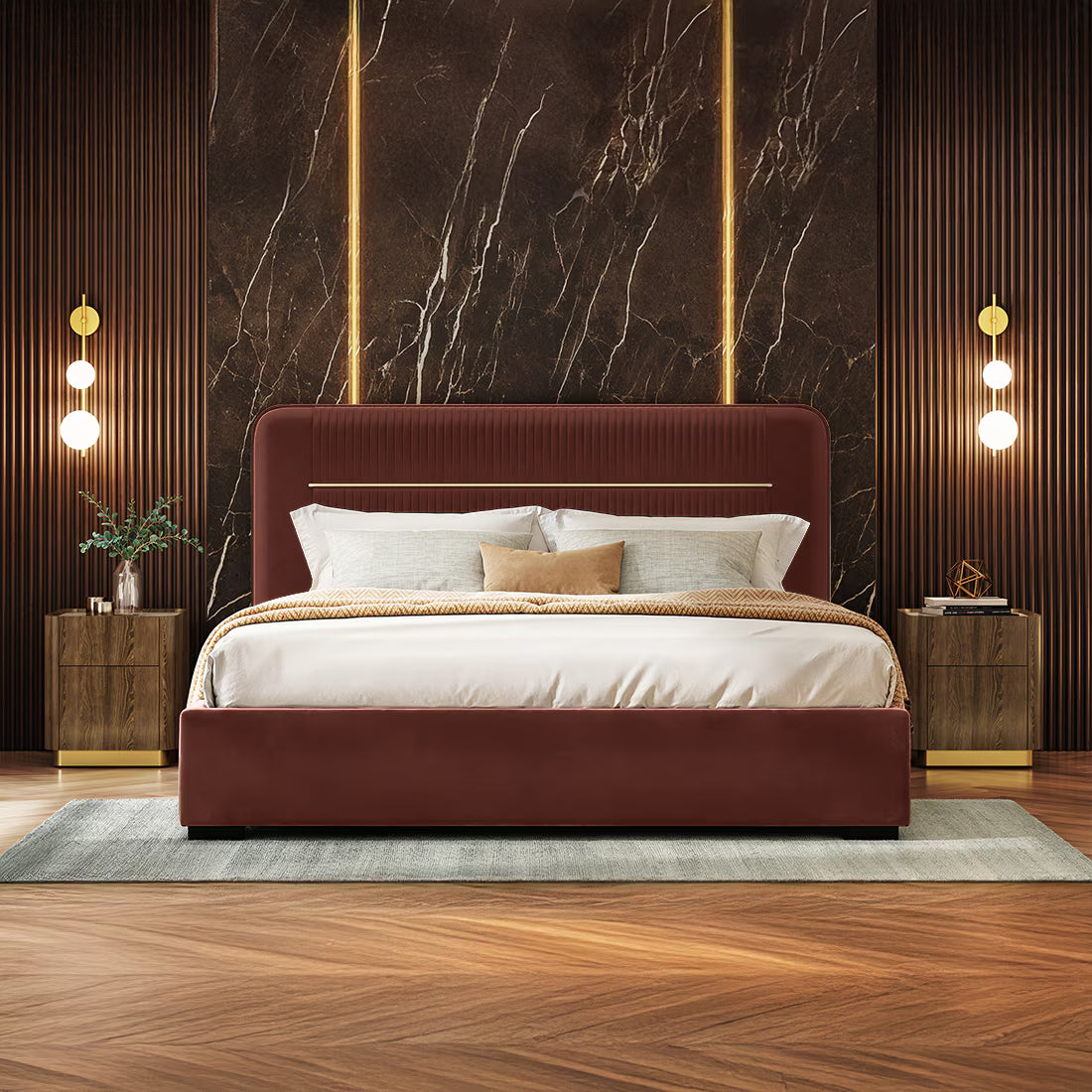 Milan Premium Upholstered Bed In Suede - Luxe Maple - Luxe Maple