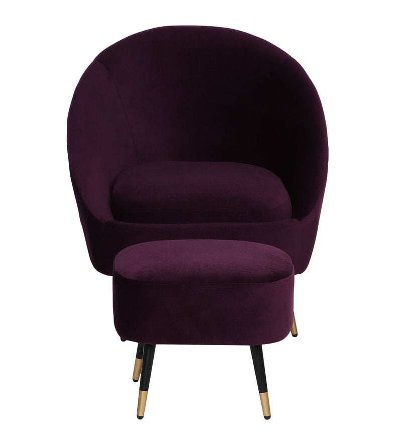 Mariana Velvet Finish Barrel Chair with Foot Stool in Wine Colour - Luxe Maple
