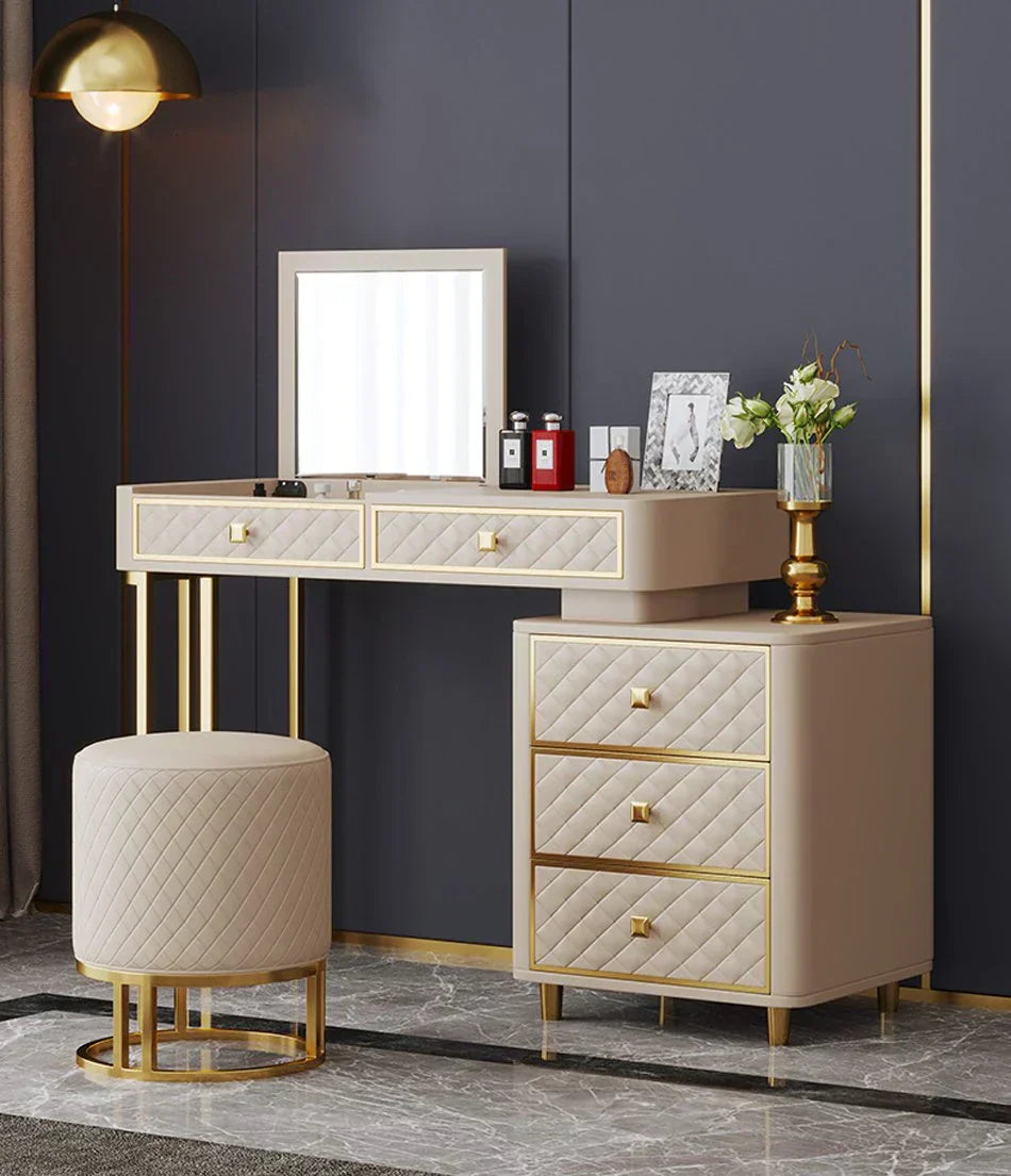 Oscar Dressing Table With Ottoman In Stainless Steel - Gold - Luxe Maple