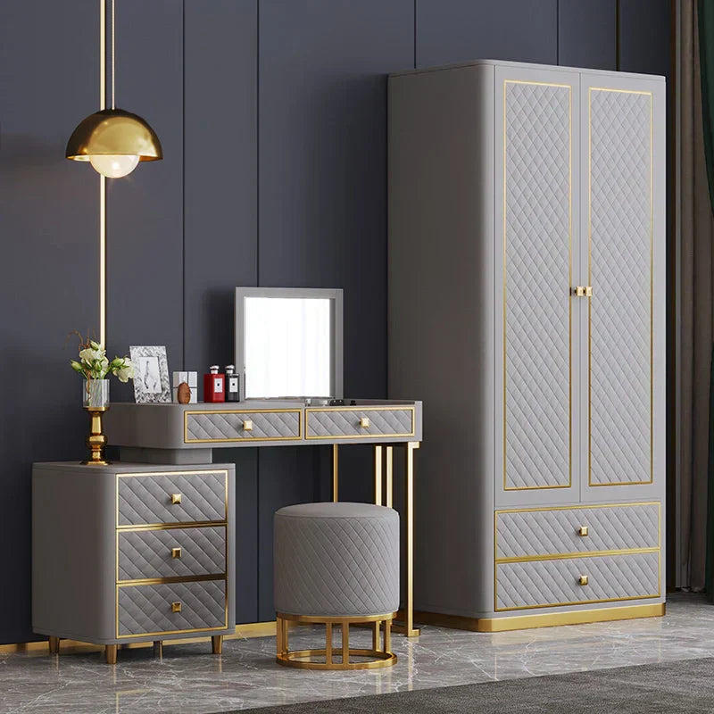 Oscar Dressing Table With Ottoman In Stainless Steel - Gold - Luxe Maple