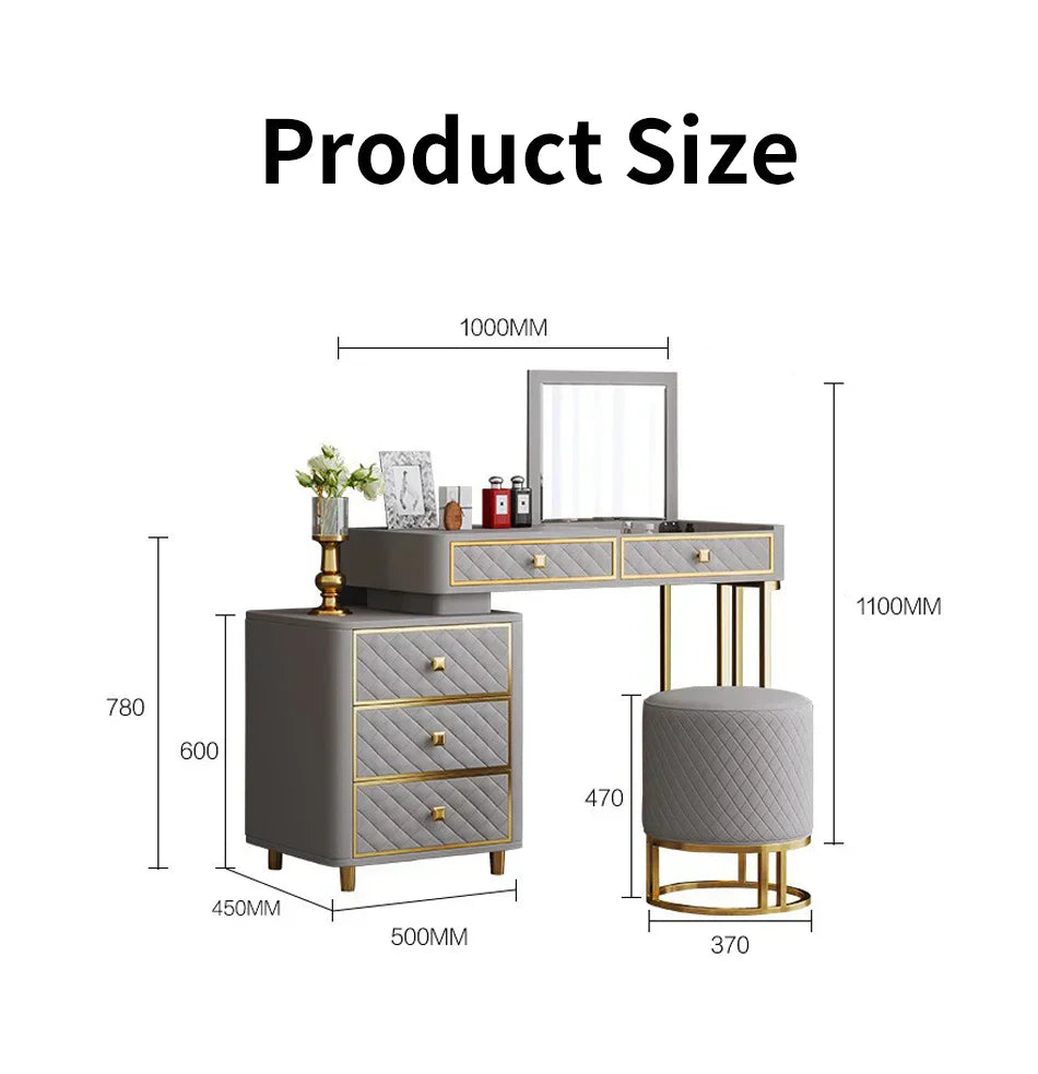 Oscar Dressing Table With Ottoman In Stainless Steel - Gold - Luxe Maple