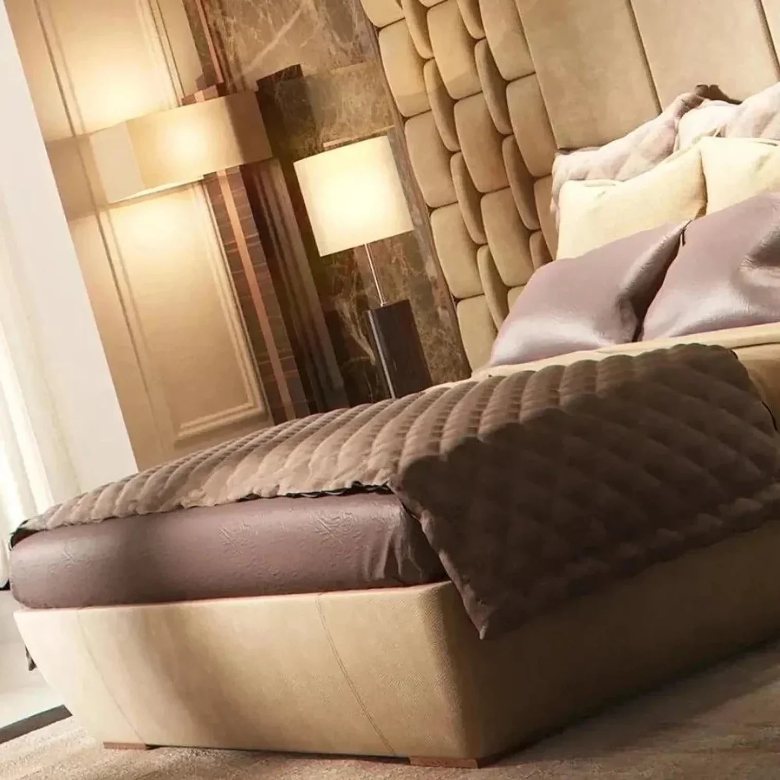 Jack & Hill Premium Upholstered Bed With Side Tables in Suede - Luxe Maple