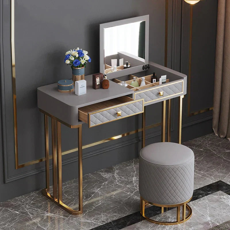 Oscar Dressing Table With Ottoman In Stainless Steel - Gold - Luxe Maple