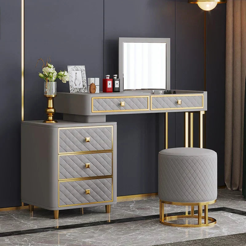 Oscar Dressing Table With Ottoman In Stainless Steel - Gold - Luxe Maple