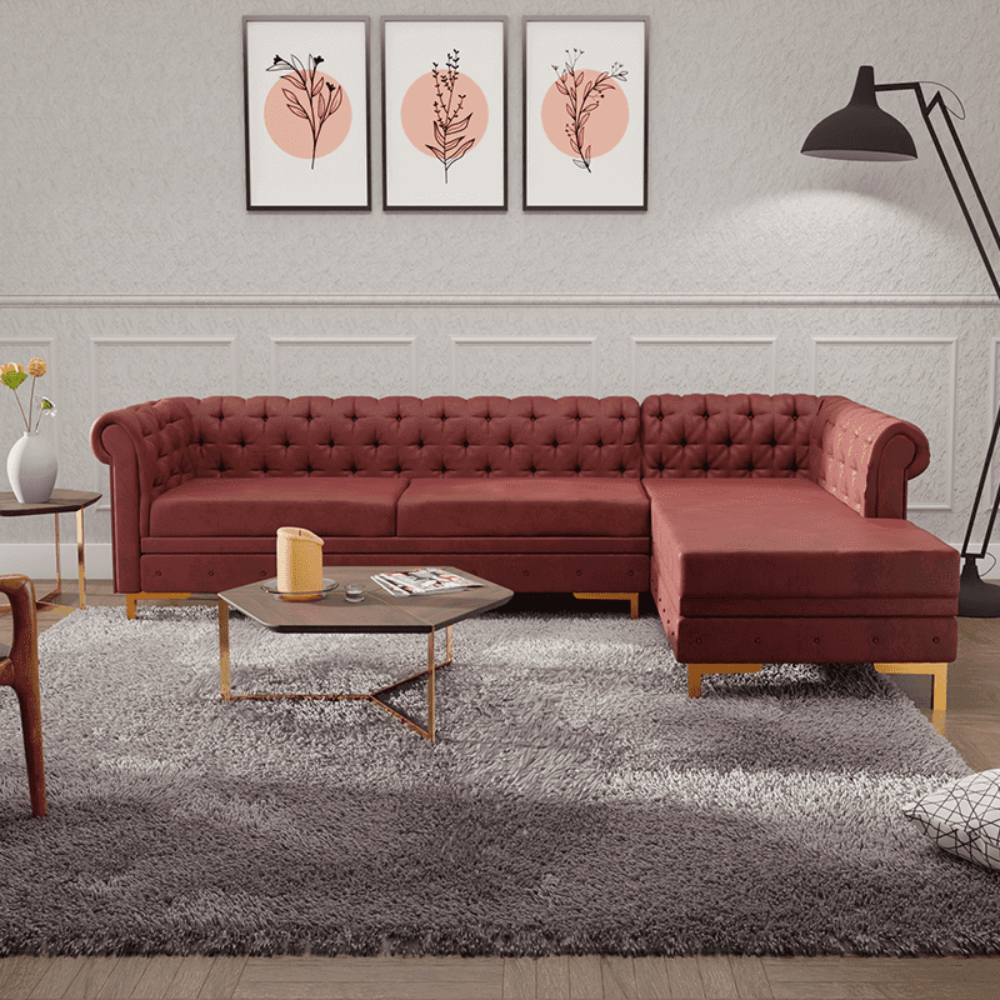 Lexis Tufted back Suede Chesterfield Sectional Sofa - Luxe Maple