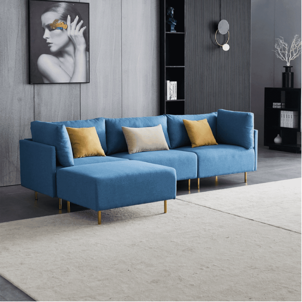 Ronaldo Sectional Sofa Set in Blue Color With Ottoman - Luxe Maple