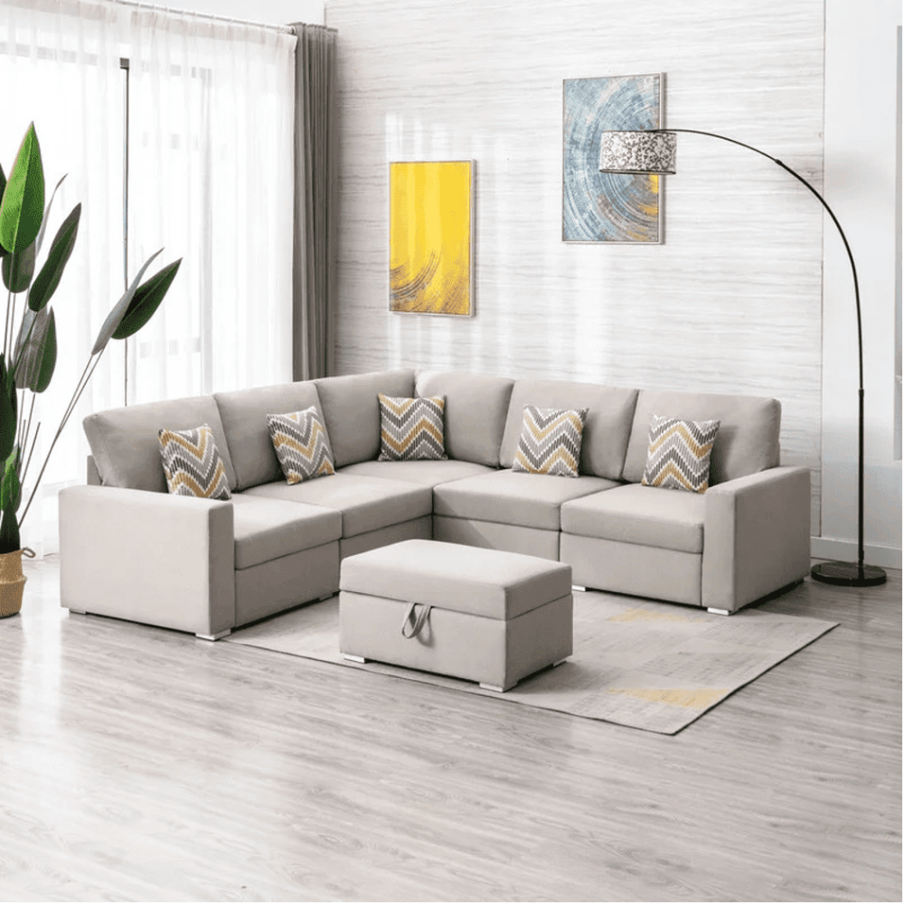 Nollon Linen Fabric Sectional Sofa with Pillows and Storage Ottoman - Luxe Maple