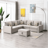 Nollon Linen Fabric Sectional Sofa with Pillows and Storage Ottoman - Luxe Maple