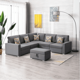 Nollon Linen Fabric Sectional Sofa with Pillows and Storage Ottoman - Luxe Maple
