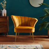 Opening Shell Designer Orange Velvet Lounge Chair - Luxe Maple