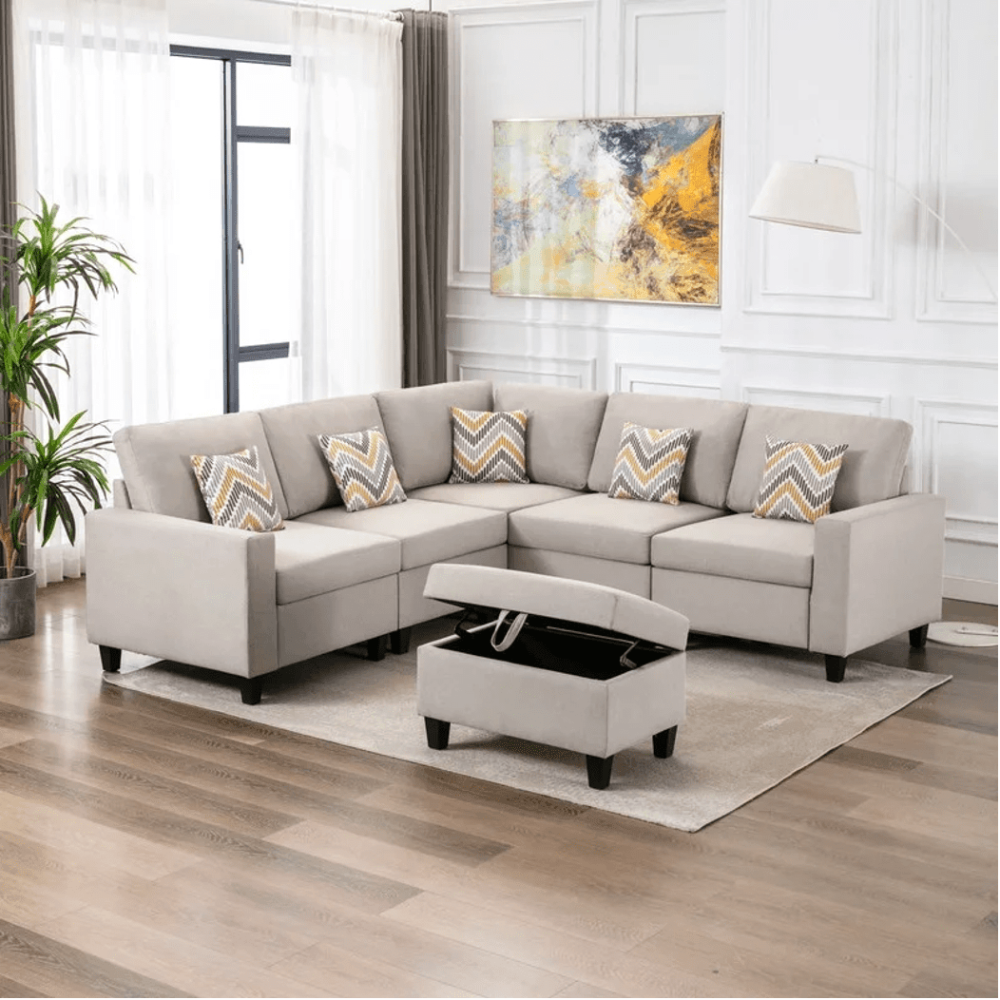 Nollon Linen Fabric Sectional Sofa with Pillows and Storage Ottoman - Luxe Maple