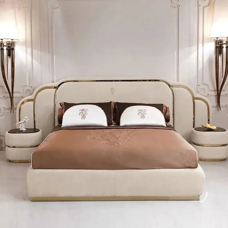 Vivo Premium Upholstered Bed With Side Tables in Suede - Luxe Maple