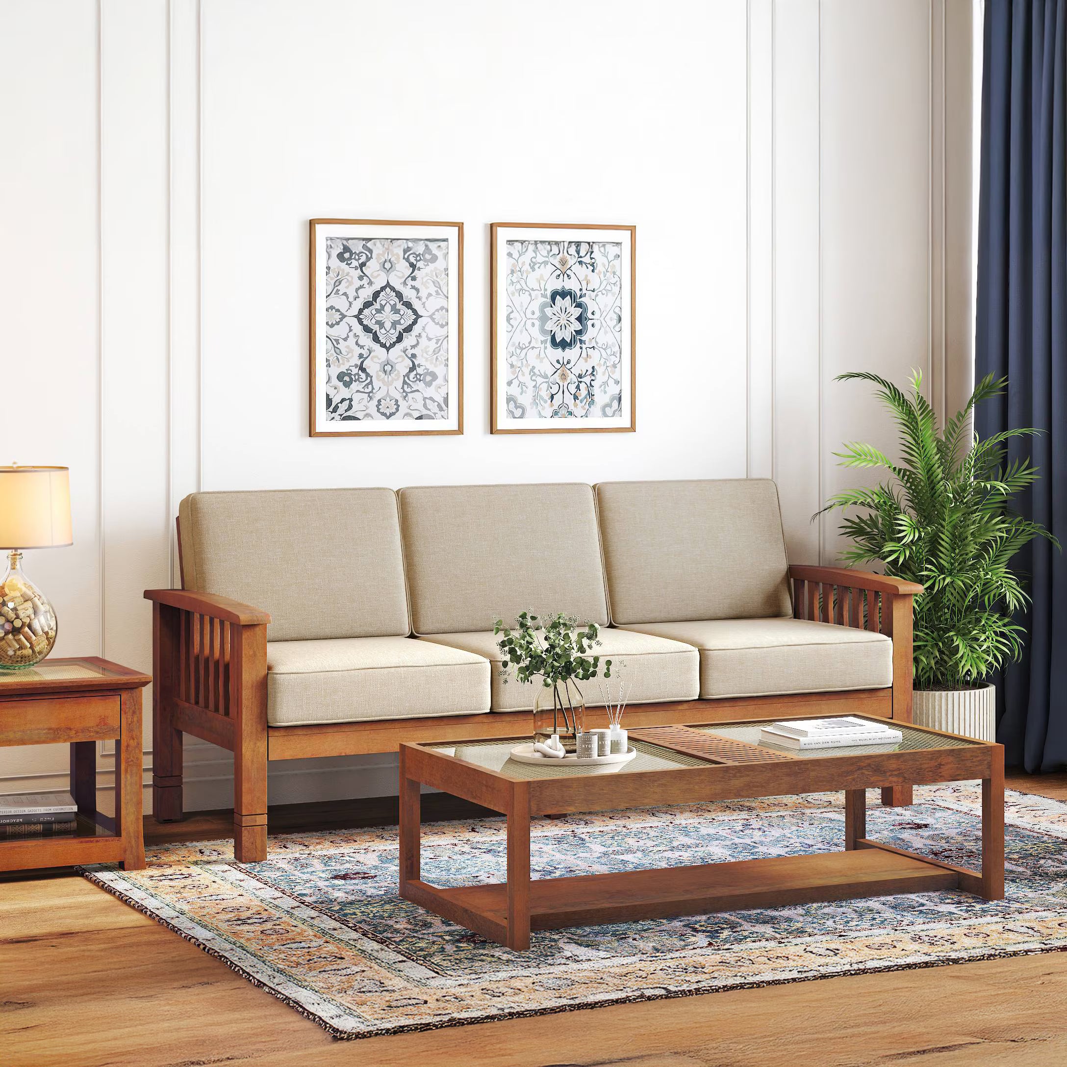 Jackson Wooden Sofa Set in Beige Suede - Luxe Maple - Luxe Maple