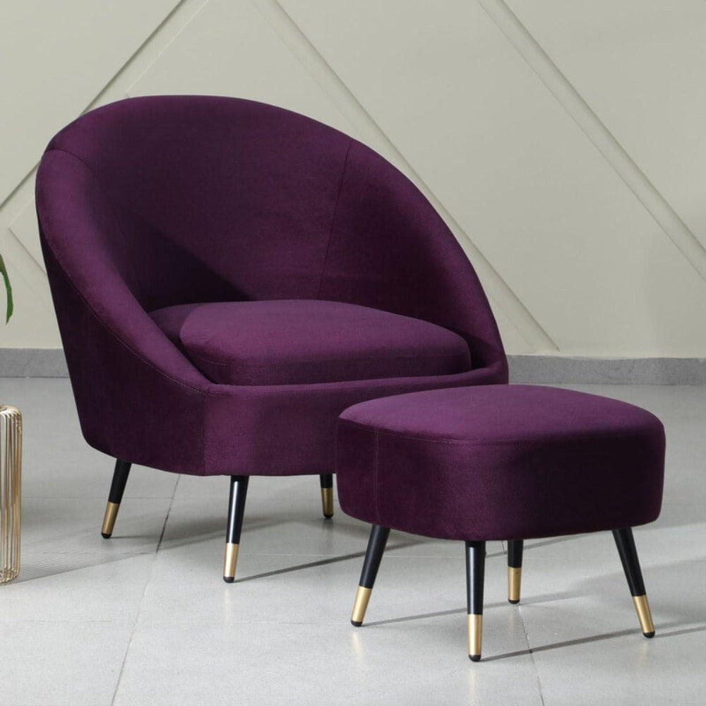 Mariana Velvet Finish Barrel Chair with Foot Stool in Wine Colour - Luxe Maple