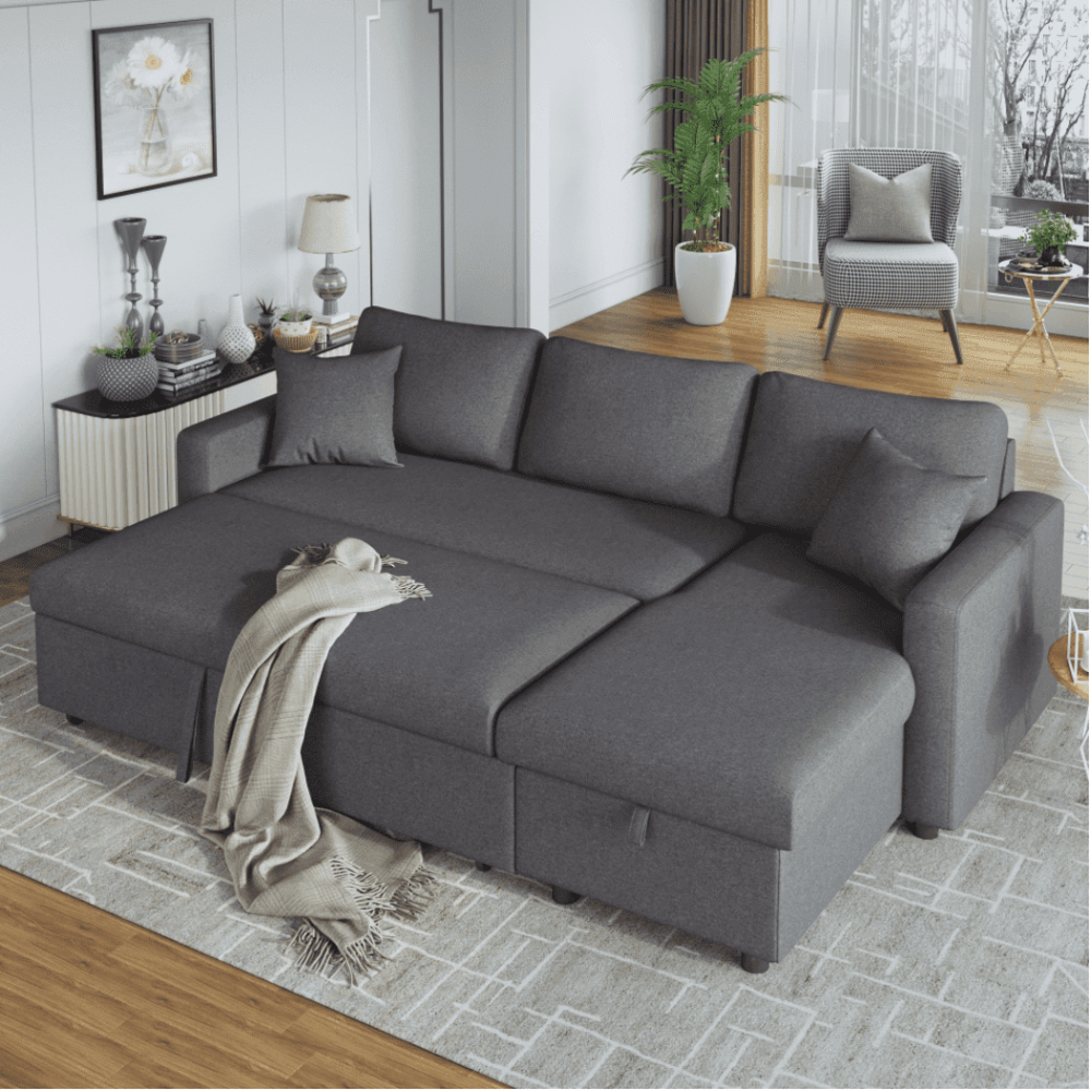 Glossy L-Shaped Sectional Storage Sofa Cum Bed - Luxe Maple